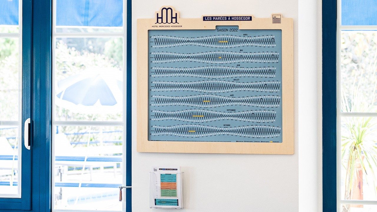 Le calendrier des marées à l'accueil de l'hôtel Le Mercedes Hossegor. calendrier sur-mesure